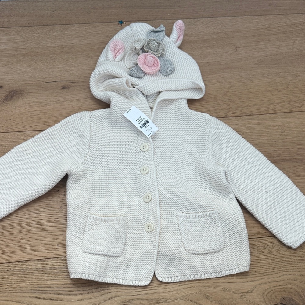 Gap unicorn cardigan top Cream Knit Baby Cardigan with Animal Hood 12/18m NWT